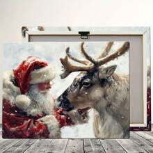 Wooden Framed Santa Claus Petting Reindeer Canvas Wall Art - Festive Christmas Decor For Home, Bedroom, Or Office - Ready To Hang -Vibrant Holiday Design, Seasonal Artwork | Modern Framed Art | Wooden Frame Canvas, Holiday Decorations
