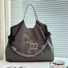 Women's Shoulder Bag, Stylish And Elegant, Nylon Bag, Embroidered Coffee Pot Pattern, Cloth Bag, Large Capacity, Lightweight, Foldable Storage, Crossbody Bag, Handbag, Commute, Travel, School, Leisure, Fashion Street Photo, Holiday Gift Large Capacity Tote