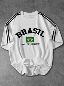 男士夏季运动时尚黑色丝带短袖 T 恤，印有巴西国旗、字母和星星，休闲校园/日常穿着，白色，男友礼物 - 白色 - 查看 1