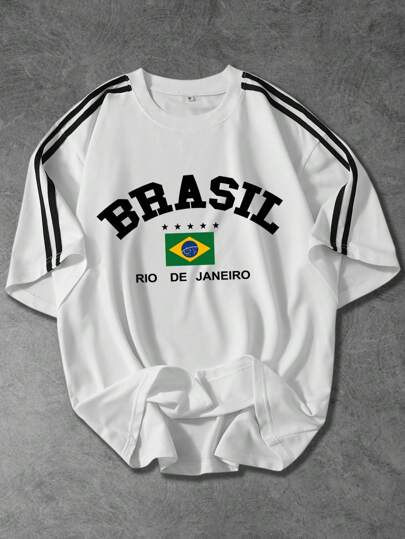 Sportigt sommarmode för män, kortärmad t-shirt med svart band med Brasiliens flagga, bokstavs- och stjärntryck, fritidskläder i skolan/dagligen, vit färg, pojkvänspresent
