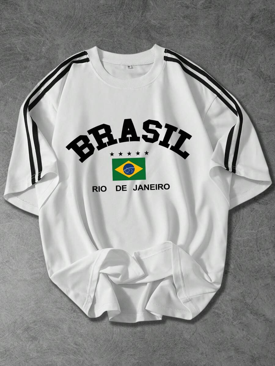 男士夏季运动时尚黑色丝带短袖 T 恤，印有巴西国旗、字母和星星，休闲校园/日常穿着，白色，男友礼物 - 白色 - 查看 1