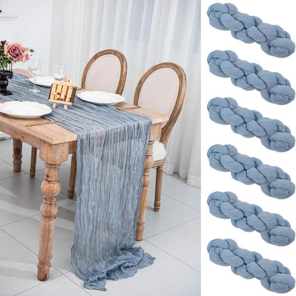 6pcs Set Blue-Gray Cheesecloth Table Runners, Boho Farmhouse Sheer Romantic Table Decor - For Wedding, Party, Birthday, Bridal Shower, Engagement, Home Decoration