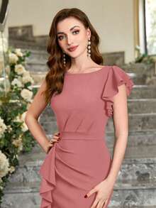 MIUSOL Đầm cocktail màu trơn tay bồng bất đối xứng, đầm nữ thanh lịch bán trang trọng mùa hè. - Bụi hồng - Xem 8