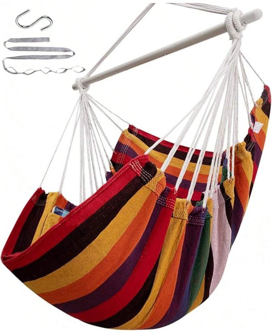 Hammock Chair Swing (500 Lbs Max) - Hanging Hammock Chair Rope Swing Indoor Hammock Chair,Outdoor Furniture,Swing Chair For Room,Amaca Para Adultos,Hamacas Para Adultos,Columpio Para Patio,Swing Sets Backyard, Patio Furniture Set For Bedroom, Outdoor, Patio, Bedroom, Porch, Deck - Sturdy Steel Bar With Anti-Slip Safety Rings - 彩虹色 - 查看 1