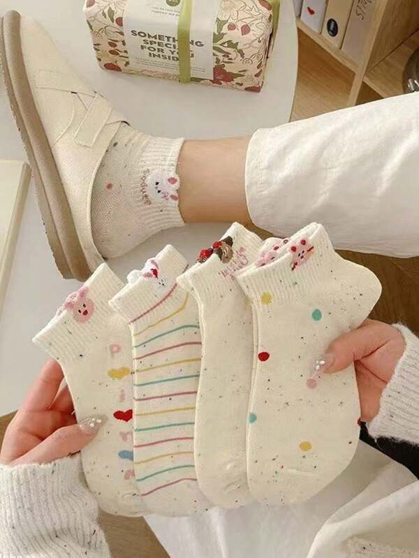 5 Pares de Meias Cartoon Aleatórias para Mulheres, Meias Curtas de Tornozelo Coreanas Respiráveis Estilo Fofo com Coelho, Primavera/Verão