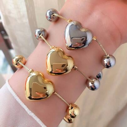 1pc, Polish Gold Silver Color Heart Bracelet For Women Chain 18k Gold Plated Jewelry