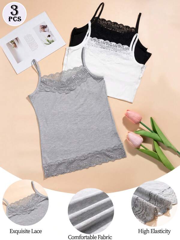 3 Pcs/Set Women's Comfortable Versatile Lace Camisole Vest Top