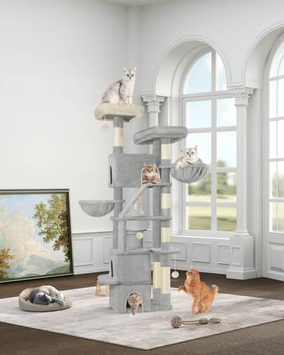 HEXCELEN 185 Cm Cat Tree, Large Cat Tower For Indoor Cats, Cats House Furniture With 2 Platforms, 3 Condos, 6 Scratching Posts, 2 Baskets, Pompoms