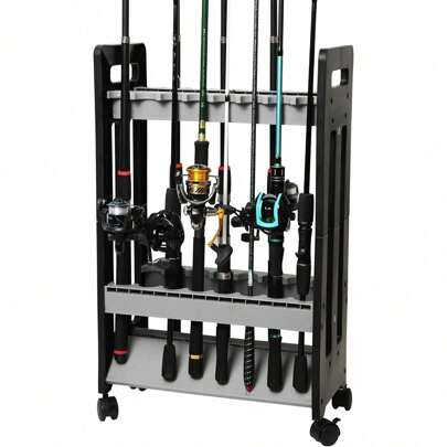 Gray Vertical Floor-Mounted Fishing Rod Rack - Holds 16 Rod And Reel Combos, Ideal Fishing Gift For Men-XB-6017