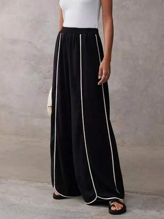 女士高腰松紧腰休闲阔腿裤，透气简约欧美风办公室工作裤