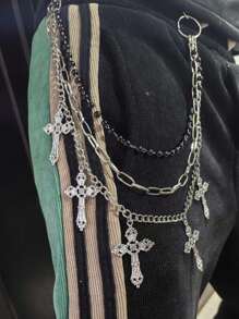 Fashionable Cross & Star Faux Pearl Black Pearl Unisex Pants Chain, Personalized Punk Hip Hop Street Dance Waist Chain, Versatile Metal Pants Chain Accessory For Men & Women - Silver - View 1