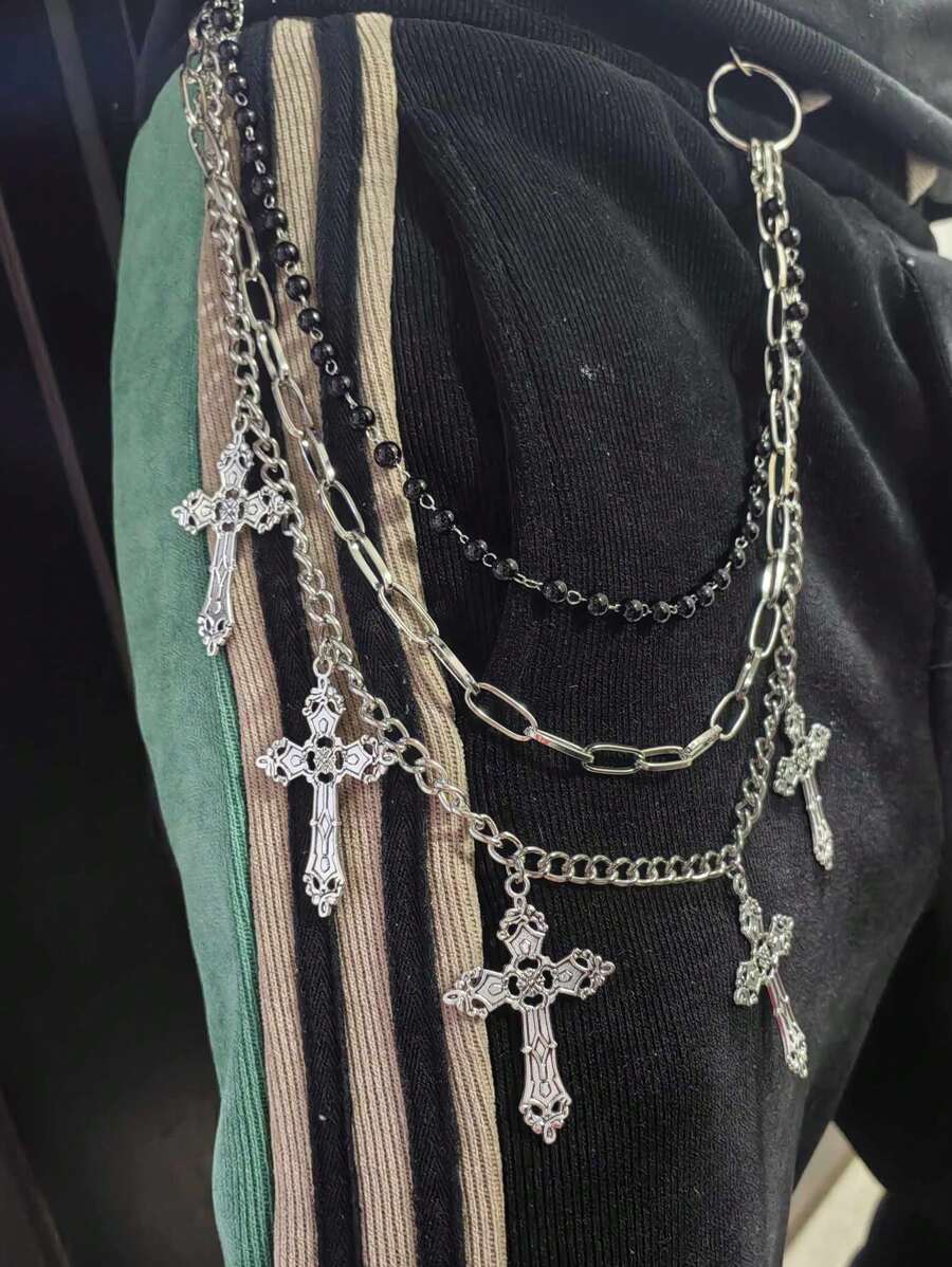 Fashionable Cross & Star Faux Pearl Black Pearl Unisex Pants Chain, Personalized Punk Hip Hop Street Dance Waist Chain, Versatile Metal Pants Chain Accessory For Men & Women - Silver - View 1