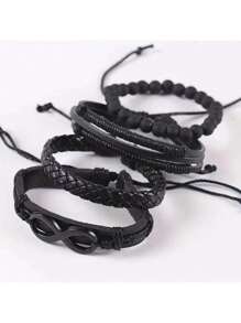 Set da 4 braccialetti in pelle da uomo, corda nera alla moda a più strati, regalo per Natale, Capodanno, San Valentino e altre festività