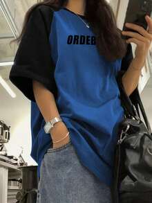 Women's Letter Print Contrast Color Block Raglan Sleeve T-Shirt Casual Summer - Blue - View 4