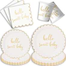 10/20pcs Welcome Newborn White Gold Theme Lace Foil Scribble Pattern Party Supplies, Includes 7"/9" Lace Rim Paper Plates, Party Napkins, Paper Cups, Suitable For Birthday Party, Family Gathering, Campfire Night, Outdoor Picnic, Baby Shower, Gender Reveal Party Summer Gifts Wedding Beach Back To School School Supplies Room Decor