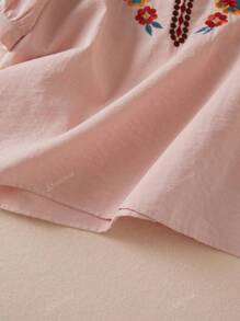 Blusa casual de lino para mujer con bordado floral, mangas 3/4, para verano