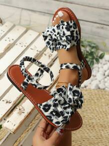 Black & White Leopard Print Women's Stylish Casual Beach Slippers, Fashion Flat Sandals With Bow Decor, Non-Slip & Comfortable