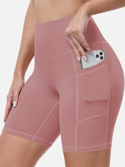 Women Plus Size Stretchy Fitted High Waist Shorts, Slim Fit Biker Shorts, Yoga Running Shorts With Pockets, Casual Sports Workout Bottoms, Spring/Summer Pink