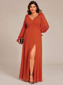 Plus Elegant Long Sleeves Bow Chiffon Bridesmaid Formal Dresses For Wedding