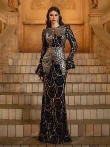 Black Long Elegant Luxury Sequin Dress, Modest