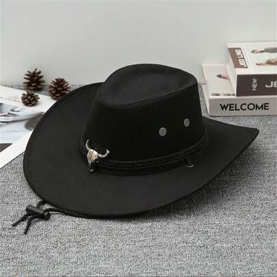 Women Men Western Hat With Cow Head Belt Wide Brim Cowgirl Cap Sun Hat For Outdoor Party