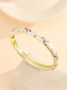 1pc Fashionable Gold-Plated Floral Enamel Oval Bangle Bracelet, Jewelry For Women & Girls - Flower - View 11