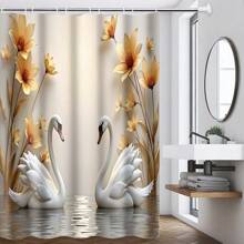1/4pcs Elegant Swan Print Waterproof Shower Curtain Set With 12 Hooks, Floral And Golden Decorative Elements, Bathroom Decor Curtain With Toilet Cover, U-Shape Mat, Modern Home Bath Accessory, Machine Washable