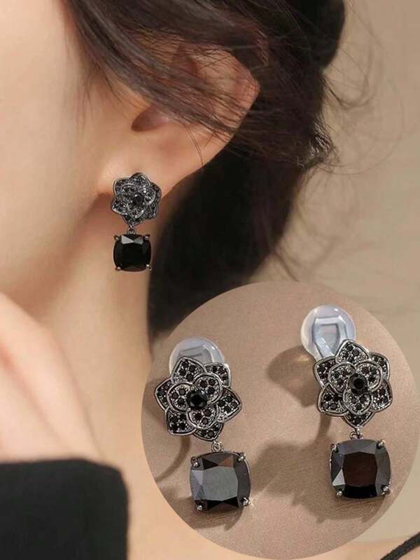 1 par de pendientes de Camelias con cristales de Ródium negro, nuevos pendientes de clip sin perforación de estilo retro y de alta gama, adecuados para uso diario de mujeres y como regalo de festivales