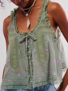 Women Lace Trim Vest Tank Tops Y2K Fairy Sleeveless Tie Button Front Sheer Mesh Crop Tops Summer Going Out Tops Cute Loose Fit Cami Shirt  Aesthetic Clothes - 綠色 - 查看 3