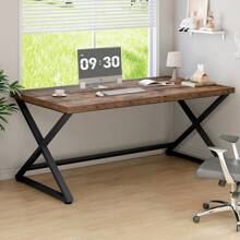 Computer Desk, Modern Metal Home Office Desk, Farmhouse Work Study Writing Desk In Bedroom, Minimalist Wood Laptop Executive Workstation Computer PC Gaming Table, Rustic Oak, 55 In - Rustic Brown - View 3