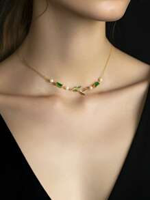 1 件时尚自然元素项链，带珍珠、柳枝、绿色锆石、925 银镀金，适合女性日常佩戴和礼物 - 金黃色 - 查看 2