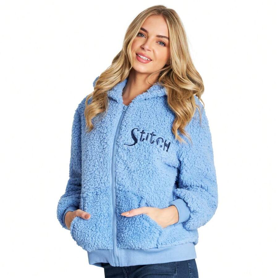 Disney Stitch Sherpa Hoodie Zip Up Fleece Fluffy