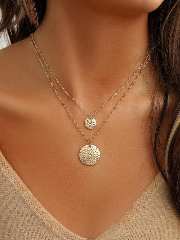 1pc Women Double-Layer Shiny Faux Shell Metallic Pendant Necklace, Gold Color