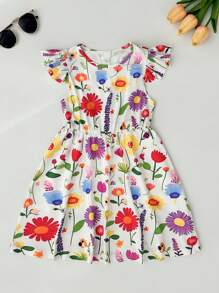 Seven Princess 1 pièce Robe d'été décontractée et confortable pour filles, à imprimé floral, col rond, manches courtes, taille cintrée et coupe évasée
