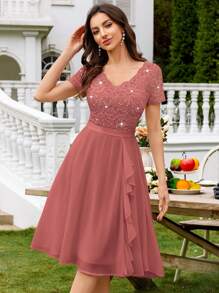 MIUSOL V领亮片花卉蕾丝荷叶边雪纺蓬蓬裙，优雅女士派对礼服，适合正式派对、度假、返校节、毕业典礼及其他夏季场合。 - 藕粉色 - 查看 4