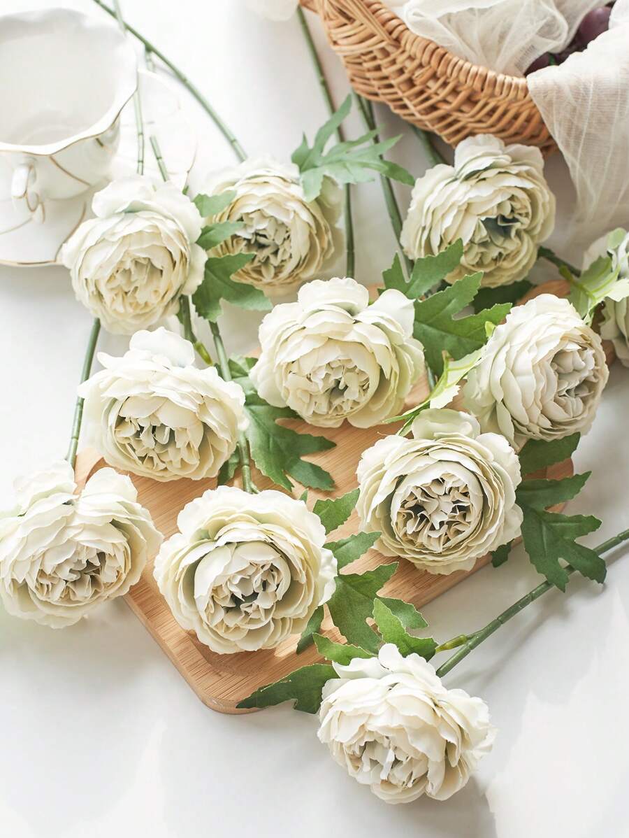 12/20 件仿真牡丹花假牡丹花茎仿牡丹花散装逼真牡丹插花婚礼装饰派对家居餐桌中心装饰 - 米色 - 查看 1