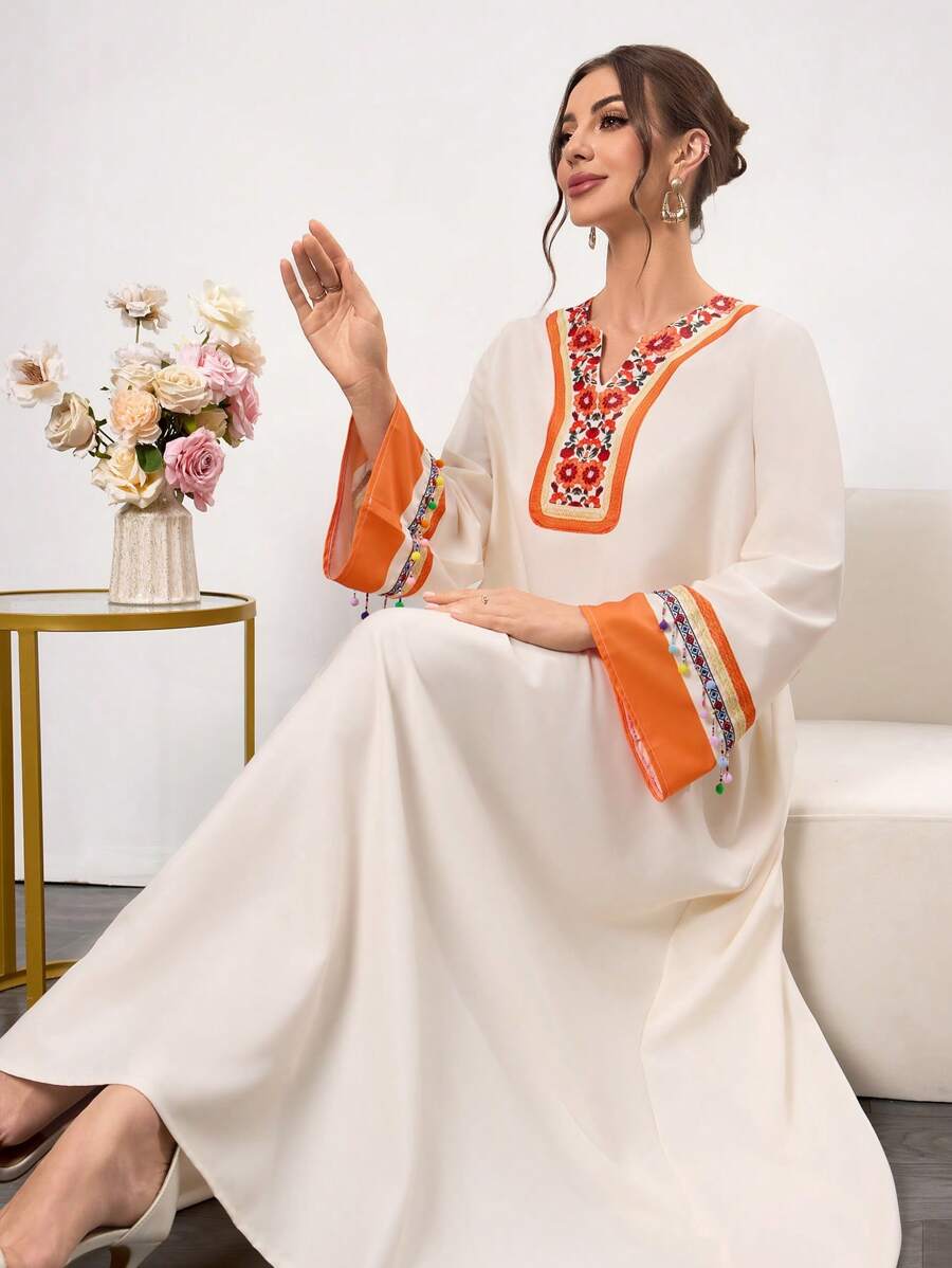 女士复古简约印花对称吊坠长袖连衣裙，日常休闲，端庄 - 彩色 - 查看 1