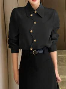 Plus Size Women Asymmetrical Button-Up Shirt Casual Spring Black - Black - View 4