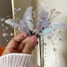 Girls' Butterfly Tassel Hairpin, Ancient-Style Hanfu Hair Accessories, Kids Crystal Stage Performance Nature-Inspired Princess Birthday Hair Decor, Cute