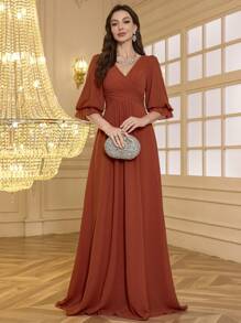 UNITHORSE V Neck Puff Sleeve Pleated Tie Waist Loose Hem Dress, Elegant Dress, Women's Bridesmaid Dress - Orange - View 4