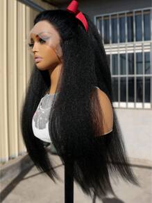 长款柔软 Yaki 180 密度长款自然黑色卷曲直发 13x4 蕾丝前假发，适合女性，带婴儿头发，无胶 - Natural Black - 查看 8