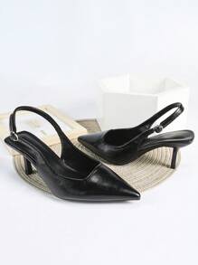 2025秋冬季女士黑色高跟玛丽珍鞋，正式礼服鞋，猫跟露跟凉鞋，优雅尖头鞋 - 黑色 - 查看 3