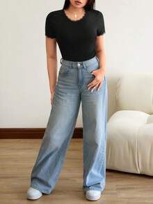 Blusa Manga Corta Cuello Redondo Color Negro Encaje en manga y escote - Negro - Ver 5