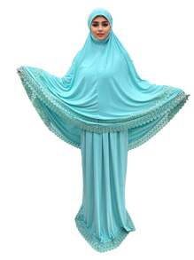 2pcs Solid Color Abaya Set With Lace Trim Headscarf & Long Dress, Suitable For Daily Wear And Decoration
