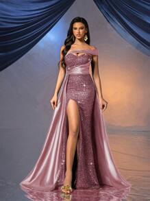 QOQ Rochie de seară romantică și elegantă pentru femei, cu paiete, de vară, pentru invitați la nuntă, bal, ceremonie de absolvire, culoare solidă, cu decolteu adânc - Roz - Vizualizare 7