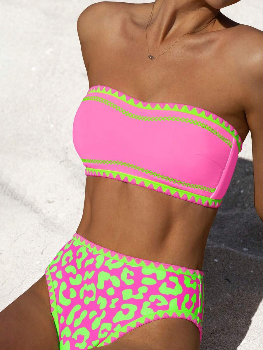 popvil Summer Bandeau Shell Trim Leopard Beach Vacation Pool Bikini Set