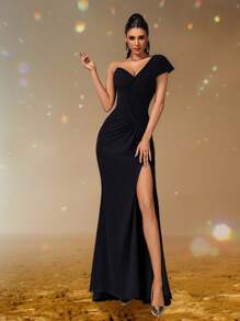 Smilprince Elegante vestido de noche con corte asimétrico en el cuello, ceñido al Body y abertura alta, vestido de fiesta formal con pliegues asimétricos, vestido de graduación para mujeres, vestido de noche formal, vestido de fiesta, vestido para invitada de boda - Negro - Ver 3