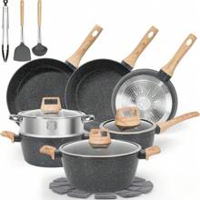 SODAY 12pcs Pots And Pans Set Non Stick Kitchen Cookware Sets Induction Cookware Nonstick Granite Cooking Set With Frying Pans, Saucepans, Steamer - 17 件黑色/帶 6.5QT 砂鍋和 4 個鍋具保護器 - View 1