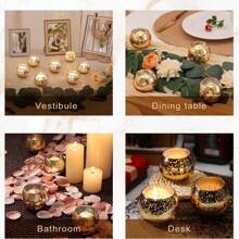 "3/6/12pcs Gold Glass Tea Light Candle Holders, 2.2 Inch Round Ball Shape With Starburst Design – Perfect For Christmas, Wedding, Dining Table Decor, Holiday Centerpiece, Home Decoration Gifts"