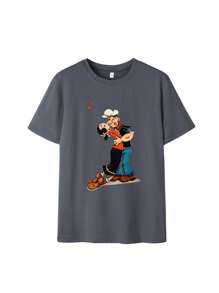Women's Popeye Cartoon Print Round Neck Short Sleeve Casual T-Shirt, Fashionable And Versatile For Daily Wear, Spring/Summer - Dark Grey - View 4